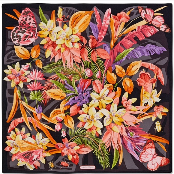 Salvatore Ferragamo Scarf Butterfly Flowers Black Multicolor Silk Wrap - Picture 9 of 16